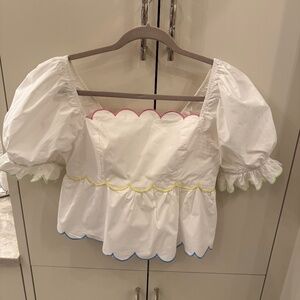 English Factory Scallop Top in White/Multi, Size S